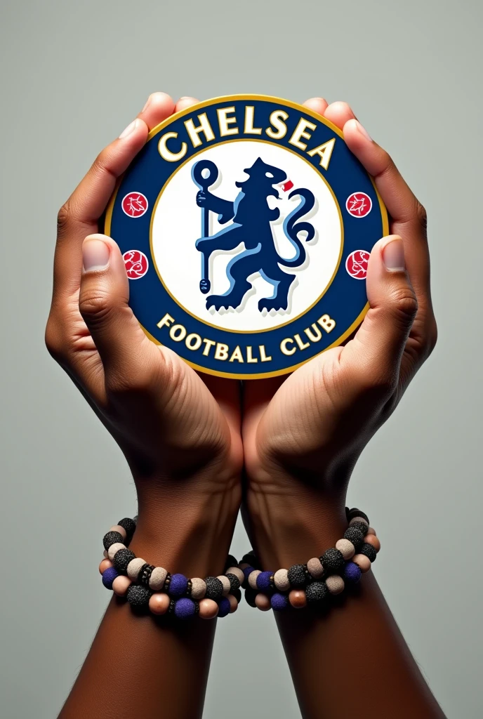 create a picture showing strong samoan hands wearing samoa beads holding up the chelsea football club's badge and CFC_Kulture written beneath