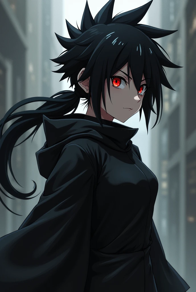 Child girl anime with the hair color black is spiky behind and eyes red,her clothes is black she have personality agressive,and physical athletic,no breast she have white skin INTJ 8w7