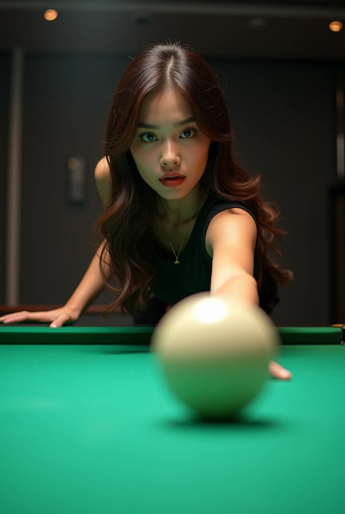 Hyperrealistic photo of a beautiful Melayu woman kicking a ball on a pool table. The photo is very detailed, clear and smooth