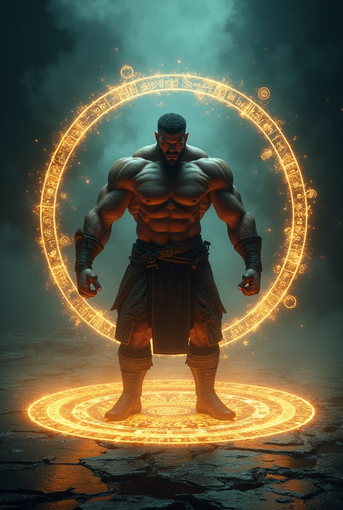 Muscular man trapped in a magic circle。