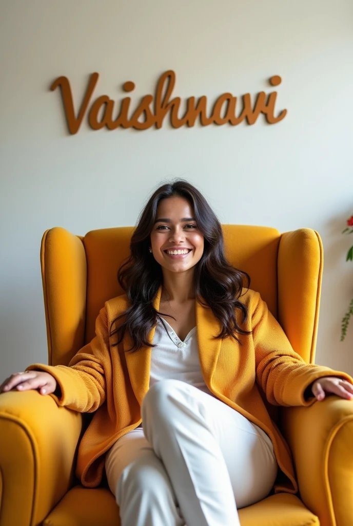 A gorgeous young happy girl sitting in a big chair and behind the wall written "Vaishnavi"