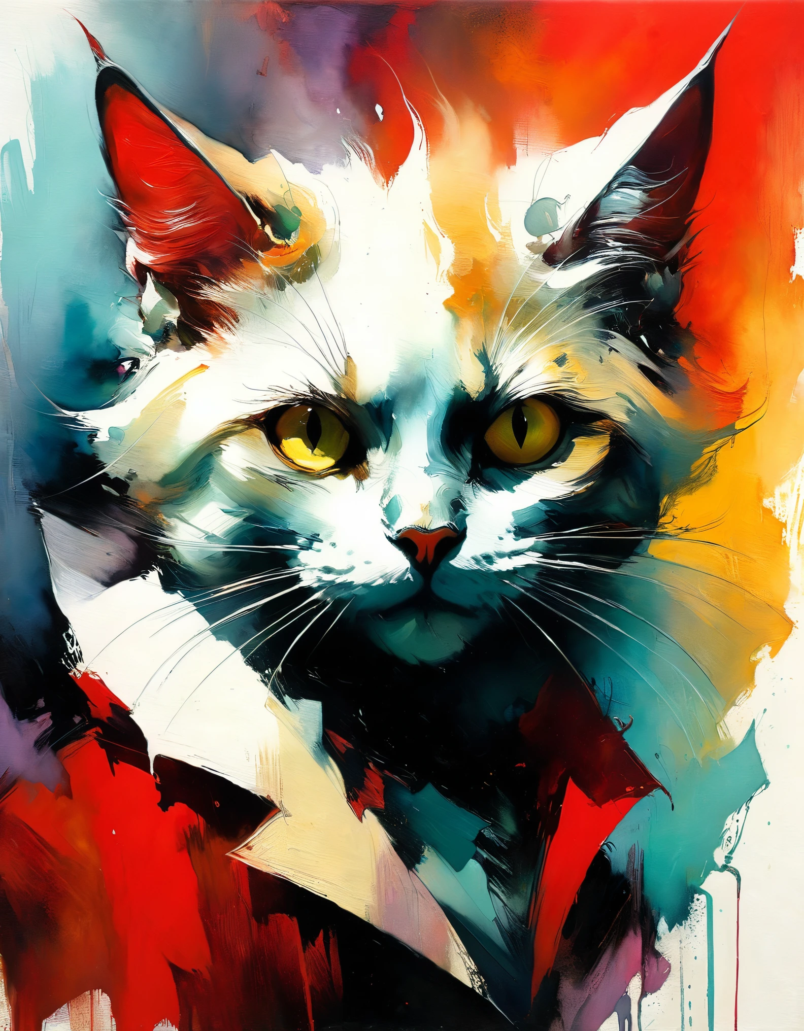 Satan Cat (in style of Anna Razumovskaya,Bill Sienkiewicz's artistic inspiration).
painting,(thick texture oil paint:1.5)