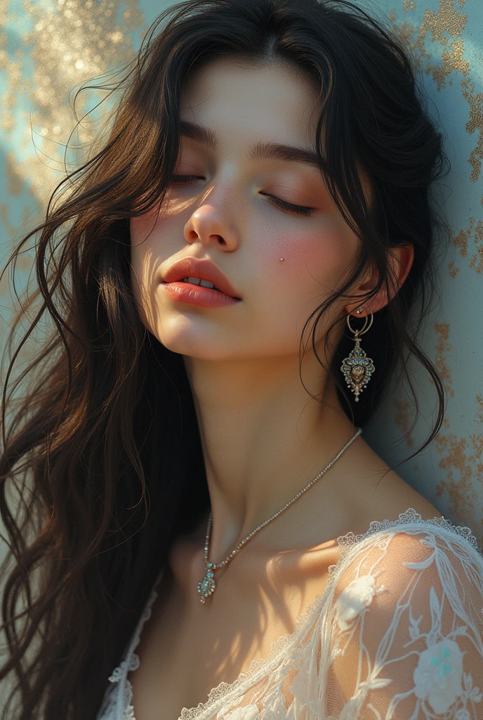 (Profile, Delicate, Pursuit of Beauty, Young and Cute Woman, Long Nostalgic Hair, Closed Eyes, Masterpiece), Iridescent Background, (Fusion of Realistic and Illustrated Elements: 1.2, Zentangle: 1.2), (Top Quality, Fine Details, Masterpiece, Official Art, Lighting Effects, 4K, Chiaroscuro)