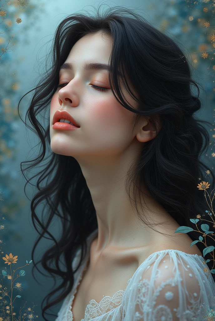 (Profile, Delicate, Pursuit of Beauty, Young and Cute Woman, Long Nostalgic Hair, Closed Eyes, Masterpiece), Iridescent Background, (Fusion of Realistic and Illustrated Elements: 1.2, Zentangle: 1.2), (Top Quality, Fine Details, Masterpiece, Official Art, Lighting Effects, 4K, Chiaroscuro)