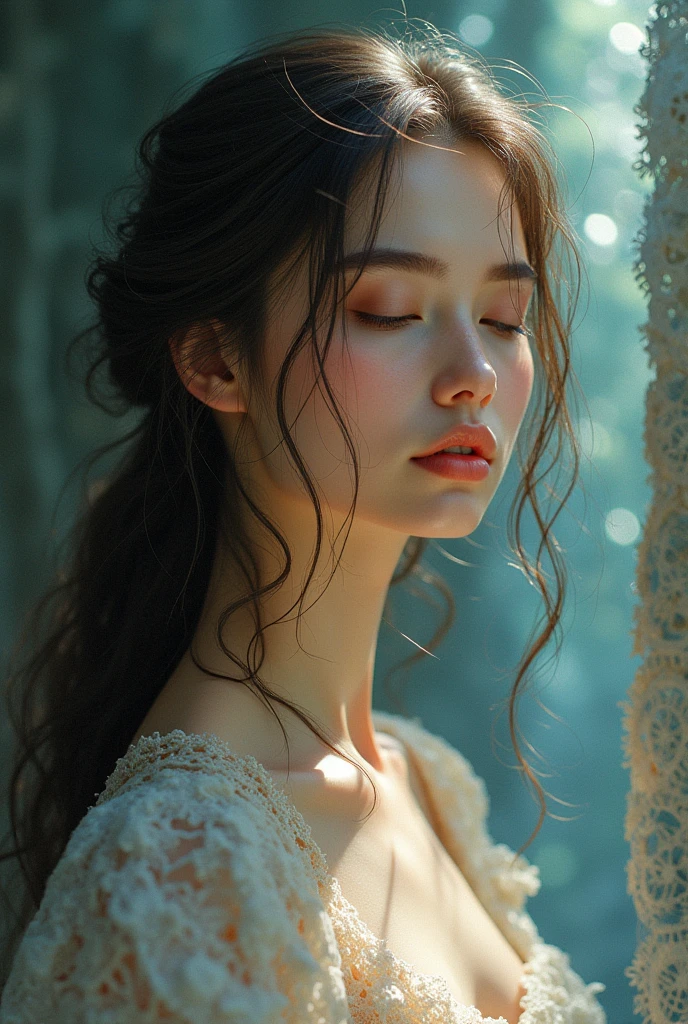 (Profile, Delicate, Pursuit of Beauty, Young and Cute Woman, Long Nostalgic Hair, Closed Eyes, Masterpiece), Iridescent Background, (Fusion of Realistic and Illustrated Elements: 1.2, Zentangle: 1.2), (Top Quality, Fine Details, Masterpiece, Official Art, Lighting Effects, 4K, Chiaroscuro)