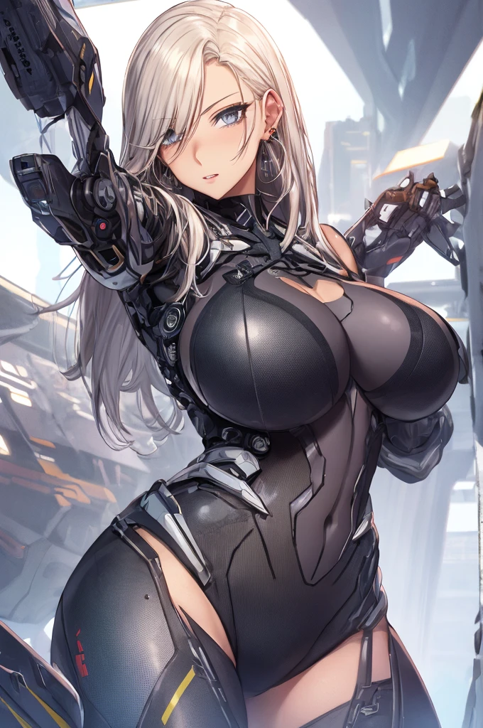 Milf, woman in a futuristic suit, highly detailed face, cool, mom, tomboy, very large breast, (Milf), mature face, (mature female), battlesuit, cybersuit, anime girl wearing tight suit, milfication, Elegant body, navel focus, naked body, gloves, earrings, legs armor, science fiction, female protagonist, standing, volumetric light, detailed lighting, detailed textures, oppai cyberpunk, biomechanical oppai, masterpiece, best quality eyes, sci-fi background, futuristic landscape