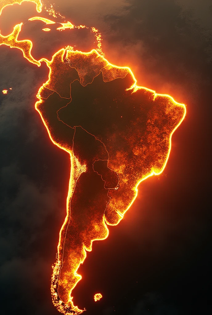 Generate an image of the nation Brazil in flames seen by a satellite 