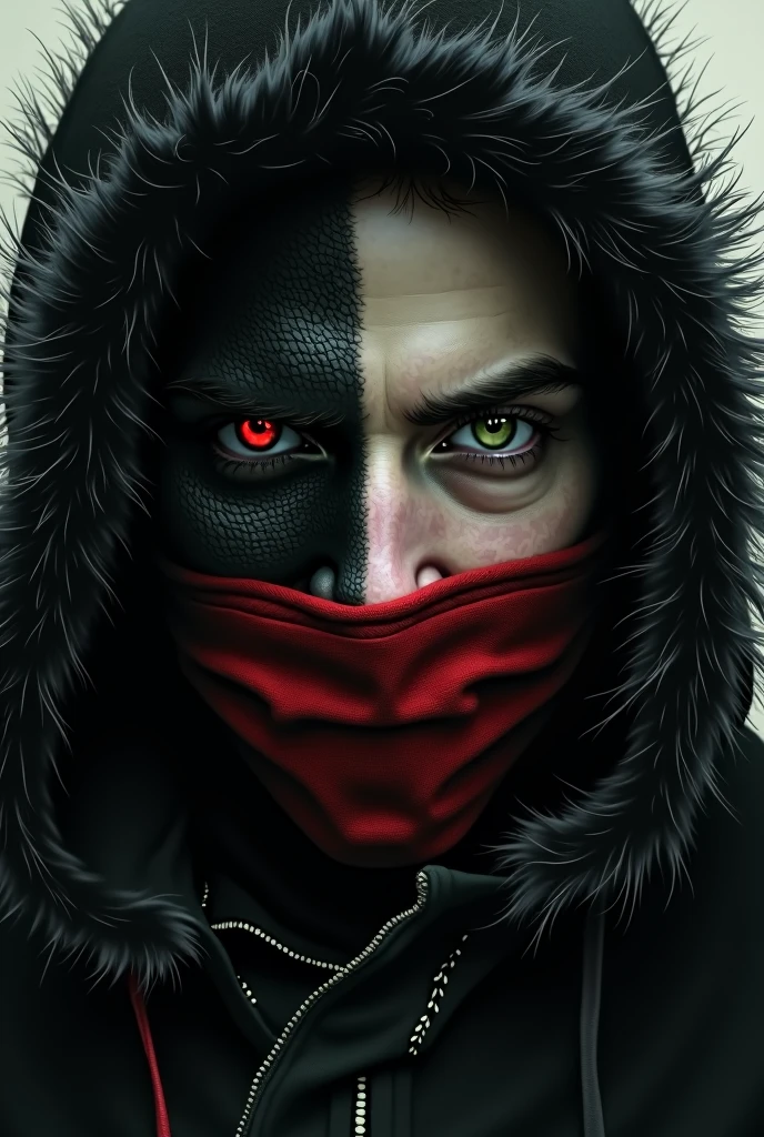 Young man holds a black and red mask with his hand to hide half of his face. has white skin, black fur, green eyes and an evil half smile.