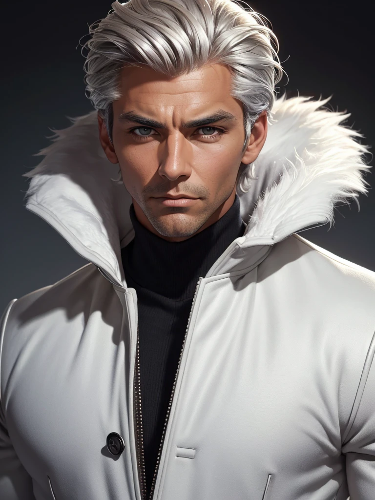 (best quality), 1boy, mature man, tanned skin, silver hair, medium hair, hair loosely combed back, brown eyes, perfect eyes, muscular, handsome, cold expression, black turtleneck, coat jacket, clean shaven face, masterpiece, anatomically correct, highres