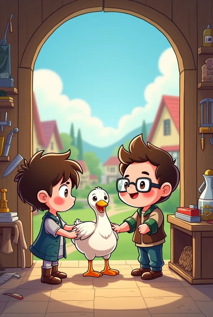 Hans trades a goose for sharpening stones at a sharpener.
Draw a Chibi Comic for Kids in Anime Style