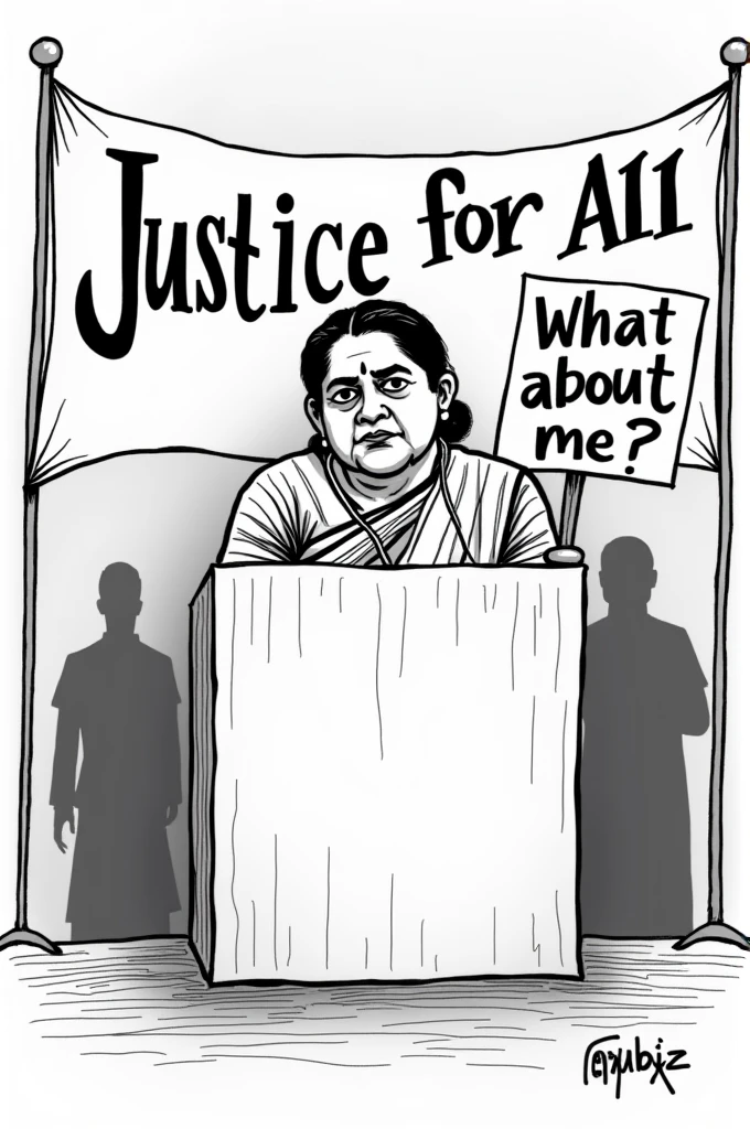 Draw a black and white cartoon of Mamata Banerjee standing at a podium giving a speech, behind her a large banner that reads "Justice for All." However, in the background, there's a shadowy figure representing the Kolkata rape case, which is being ignored or sidelined by her, holding a sign that says “What about me?” This contrasts the official rhetoric with the reality of justice delayed or denied. The cartoon could aim to highlight the disparity between words and actions, calling attention to the urgency of addressing sexual violence