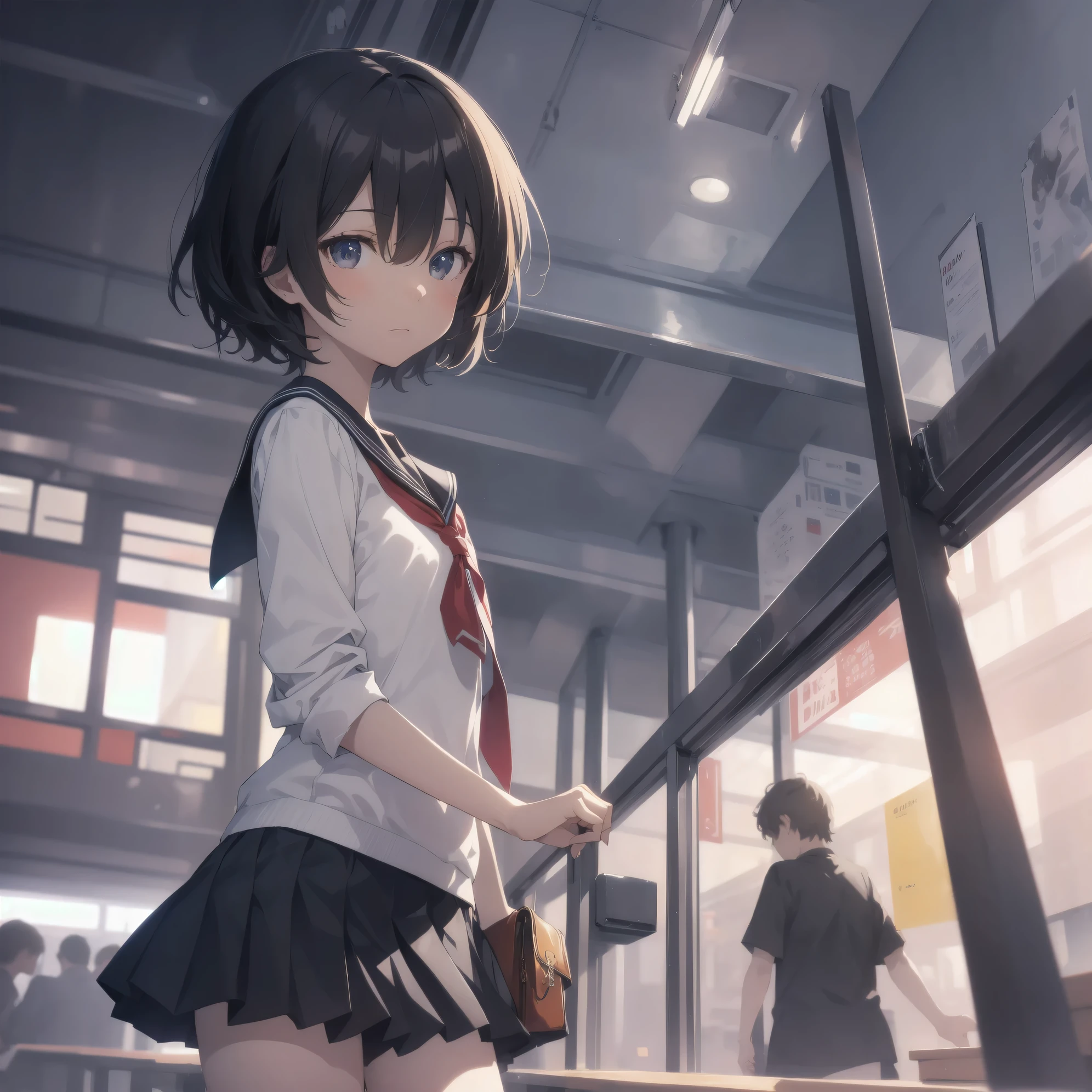 ultra-absurdres-Top quality by artist God, ultra-detailed, high resolution, anime moe artstyle, best anime 8k konachan wallpaper, pixiv contest winner, pool:2810, perfect anatomy,break, 1girl, (Please draw a girl walking sleepily to school alone. )break,(Solo,little female,15age:1.3),Full limbs, complete fingers,a , (very short hair), short cut, flat chest, , small butt, small black eyes, beautiful detailed eyes, well-proportioned iris and pupils, expressive eyes, highres detailed hair, soft expression, salor school_uniform, sailor collar, serahuku, bow, pleated skirt,(Detailed Lighting), (Detailed background), in the School commute route. break,super detailed skin, Best cinematic lighting powered by famous artist, 8k,beauty illustration,photoshop_(medium),very aesthetic,break,((artist:mery_(yangmalgage) )), artist:clamp ,artist:carnelian ,artist:kantoku ,