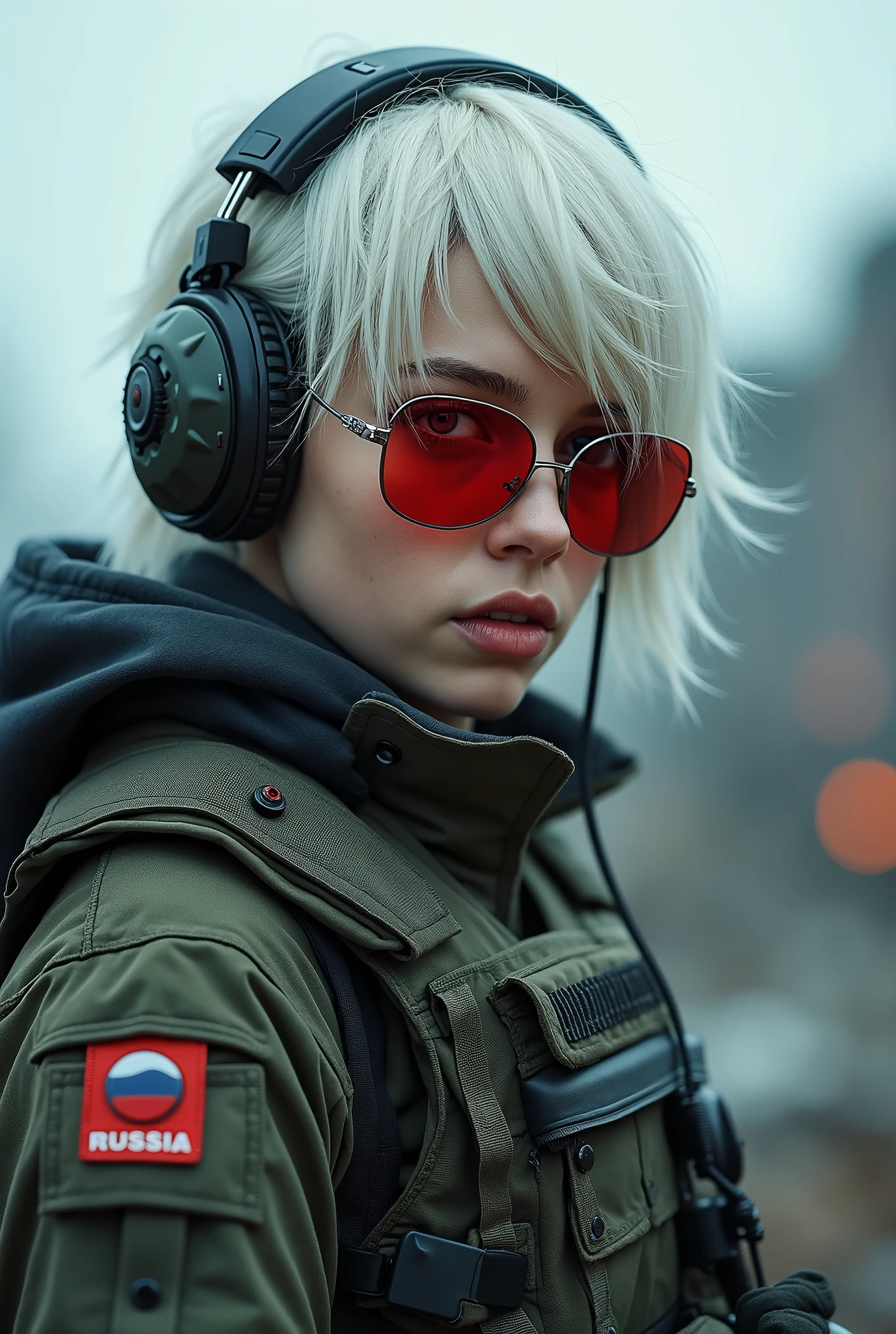 masterpiece , a girl, in battlefield, ( lite white short hair:1.2), (red eyes:1.2), (Russian Millitary Uniform:1.2), (looks at the viewer:1.2) , (8k, best quality 1.2), ultra-detailed, 8k uhd, soft lighting, high quality, film grain, beautiful lighting, cinematic ,perfect body , best illumination, best shadow, sharpness, contrast, red glasses, messy hair, tactical vest, gloves, headset, absurdres high detailed face