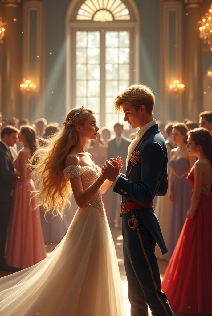 Beautiful pretty princess with blue eyes, with natural pink lips and straight eyebrows with blonde hair and long white dress with sleeves up to the shoulders dancing a ball with a handsome prince with wavy blonde hair and green eyes in a modern palace full of people, Different and realistic image