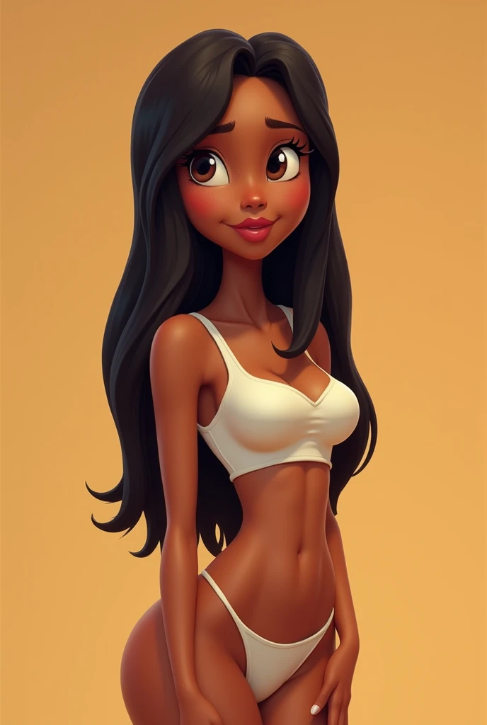 A beautiful 10 year-old wearing a Stylish tight crop top and a bottom, smiling with her beautiful legs exposed, she is Sri Lankan, she has long black hair. Shows tummy.