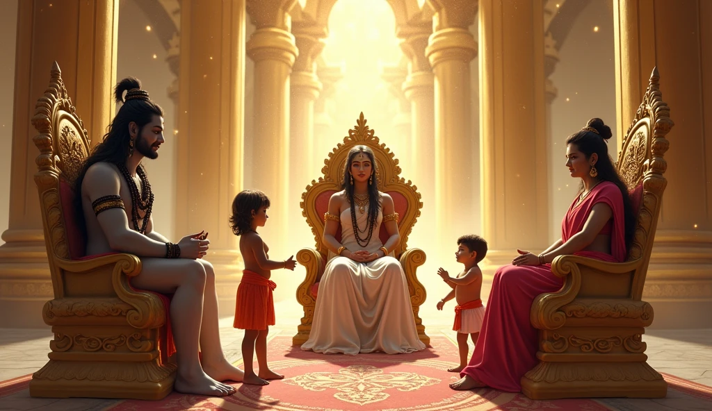 A divine scene where Lord Shiva and Goddess Parvati are sitting on their thrones, with son young Ganesh and son Kartikeya standing before them. Parvati is smiling warmly as she explains the rules of the competition. Kartikeya looks confident, while Ganesh has a thoughtful expression. The background shows a beautiful celestial palace with golden pillars and shimmering lights."