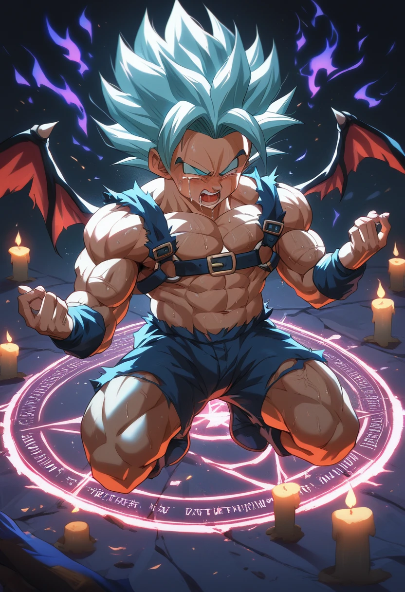 Huge muscles,Crying face,Lots of drool and sweat,Harness,Young face,teenager face,Huge erect penis,Full body image,Young body,Muscular legs,Wearing boots,Large, toned muscles,Goku,super saiyan,Imminent sexual activity,Demon body, wings and horns,Shaking violently,Group Sex,Obscene tattoos,Fantastic magic circle,Lots of ceremonial candles,Flickering flames,Combat start,Ekiben,Massive ,Wrapped in a huge purple flame