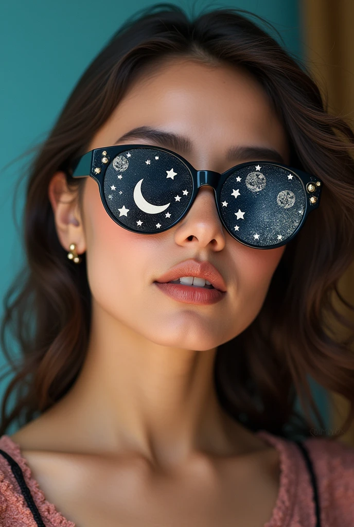 The model is wearing glass sunglasses with stars and the moon on the glass