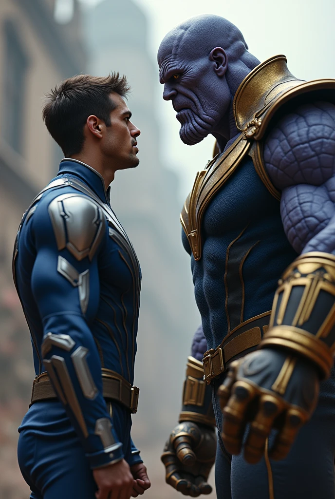 Create an image of a male in a blue and white uniform with eyes and hair always facing forward staring at Thanos who is about to hit him like a fight scene