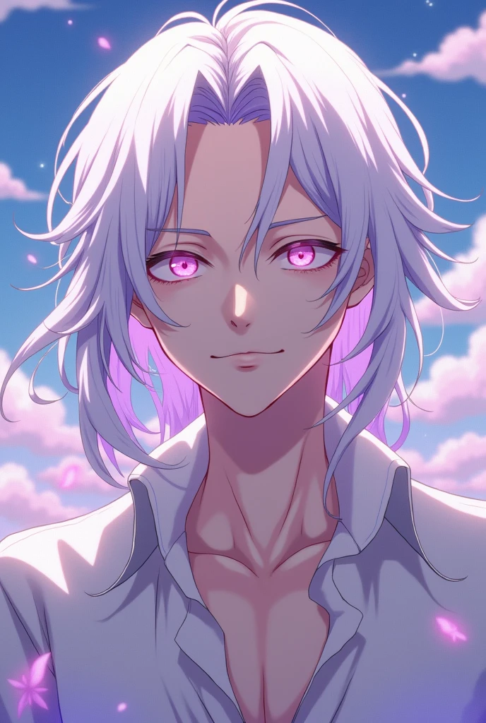 A BOY MALE GENDER,white hair,pink eyes,white eyelashes and eyebrows,with a calm, relaxed and calm expression,light skin tone,very beautiful,straight but long hair and violet highlights,that your appearance is more masculine ,all this in the drawing style of ONE PIECE