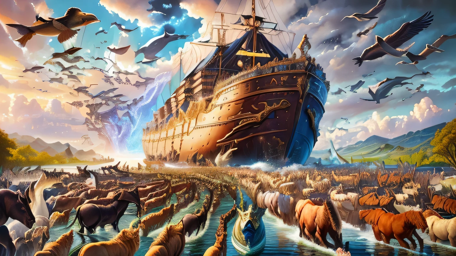 stock image of a large group of animals in a body of water, Ark of Noah, epic biblical representation, por Gavin Nolan, por Scott M. Fischer, por Howard Lyon, 8k epic surrealism oil painting, An epic painting, by Johfra Bosschart, darrell k doce, obra-prima de breathtaking art, by David G. Sorensen, breathtaking art