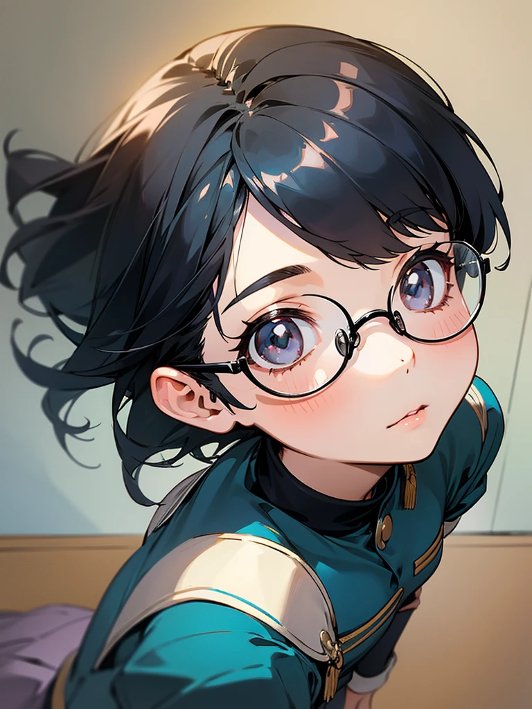 Beautiful girl with black hair and glasses、uniform、Looking up at the heights、Back view、Baby Face、Small breasts、High resolution, masterpiece, Anime Style, 