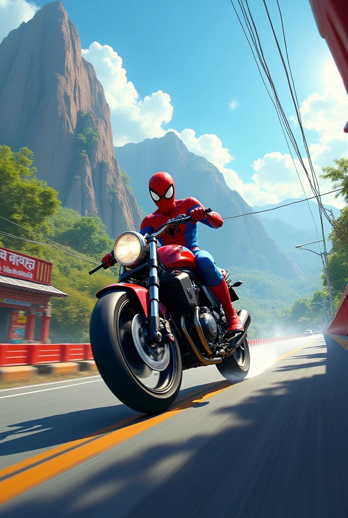 Spider Man in India with motor bike riding in highway background mountains clear sky