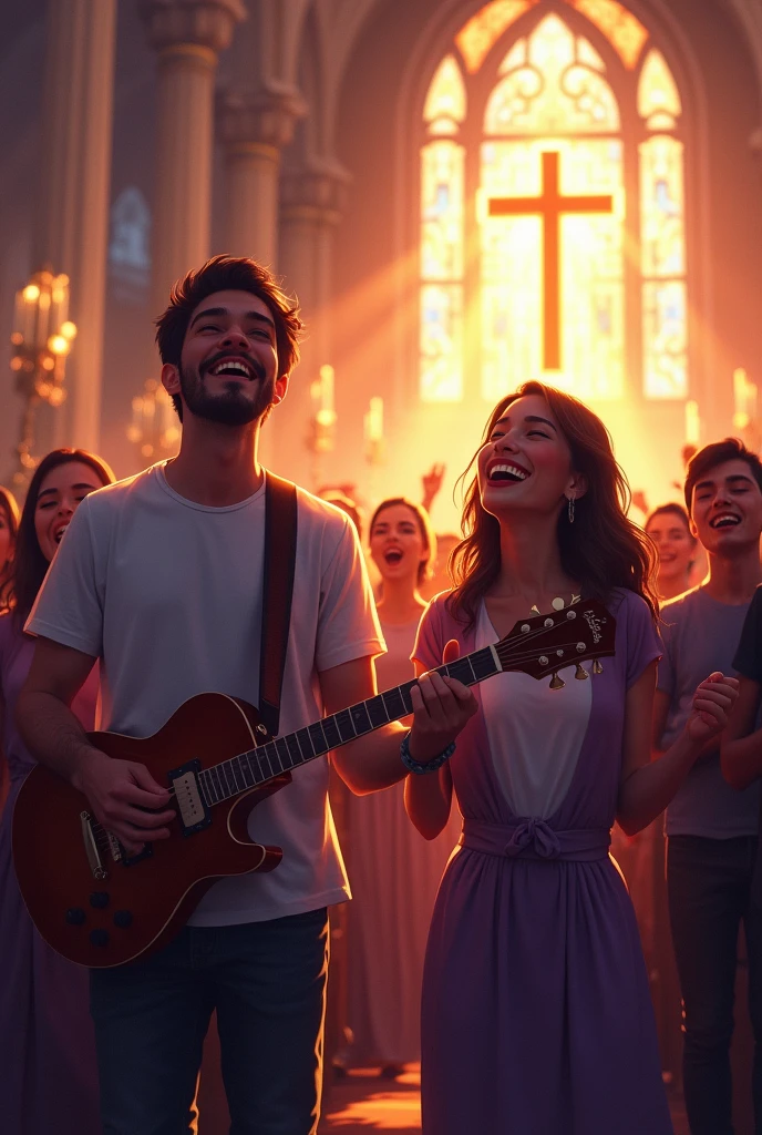 Create an image of a young Christian man playing guitar, a young Christian woman singing and worshiping in a church worship setting, with the congregation actively participating in the background. add text: "Transform Your Worship with Music". Make sure the image captures the emotion and devotion of the moment, with Christian visual elements, like a cross lit in the background..