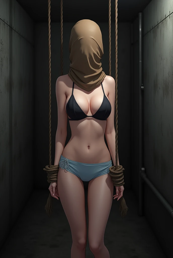 A high school girl in a bikini has her hands tied behind her back with a rope in a dimly lit old house.