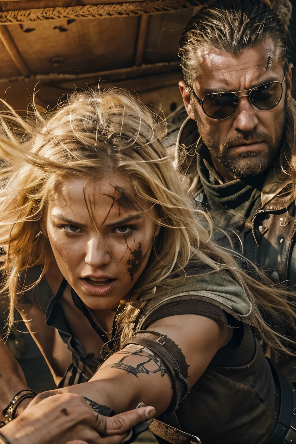Photorealism, Mad max aesthetic, even bright natural lighting, beautiful woman battling male marauder, action, movement, long blonde hair, fierce, road warrior, epic fight scene, Australian outback setting
