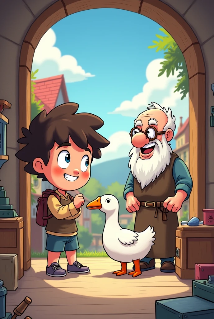 Hans trades a goose for sharpening stones at a sharpener.
Draw a Chibi Comic for Kids in Anime Style