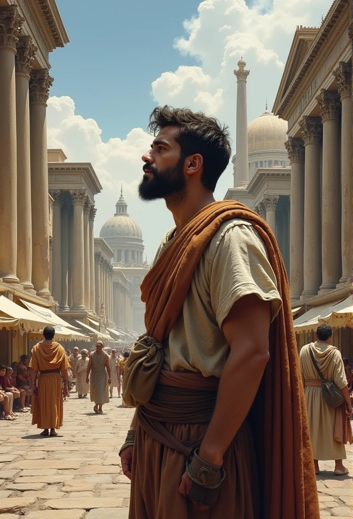 An ancient Roman city and a man in humble clothing thinking deeply