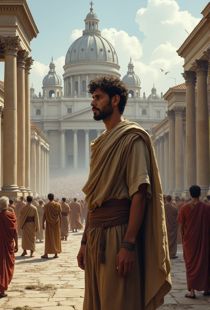 An ancient Roman city and a man in humble clothing thinking deeply