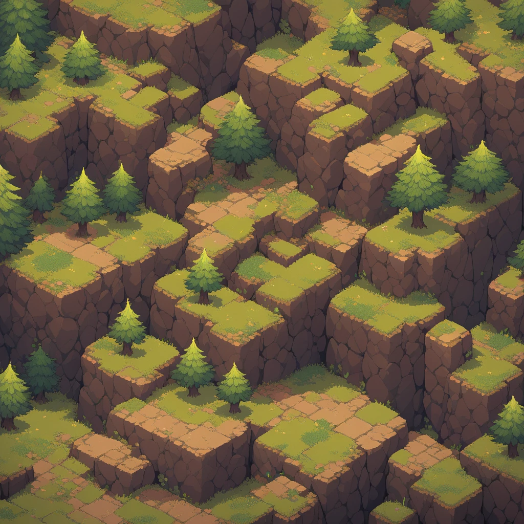Retro video game style, pixelated, vibrant colors, 8-bit characters, blocky shapes, sharp lines, detailed shading, classic gaming vibe, nostalgic atmosphere, classic arcade games. Masterpiece:1.2, ultra-detailed, illustration style. 2D texture, stone texture, 4K seamless mud texture, video game texture, dirt texture. Game tiles, grass, 3/4th perspective trees, 3/4th perspective tileable rock texture, 3/4th perspective tileable cliff formations, tileable trees, top-down view, tileable texture. Very detailed cliff texture, intricate stones.
Mountain Terrain: Diverse mountain shapes and elevations, including peaks, ridges, and valleys.
Texture Detail: High resolution with intricate details like rocky surfaces, crags, and natural erosion patterns.
Seamless Pattern: Ensure that the edges of the tile seamlessly align with adjacent tiles to create a continuous and coherent mountain range when repeated
