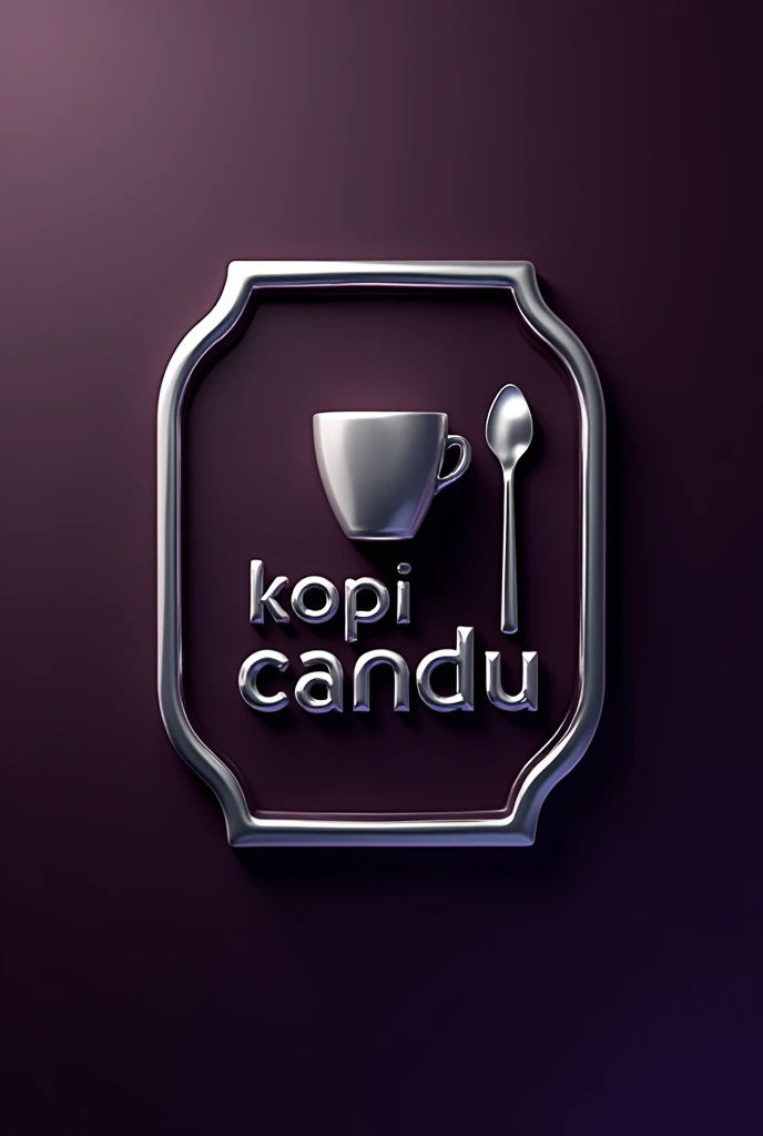 3D logo, a coffee cup and a spoon, the logo is in the shape of a frame and is silver, below there is a silver name, "kopi candu", hyperrealistic, dark purple background