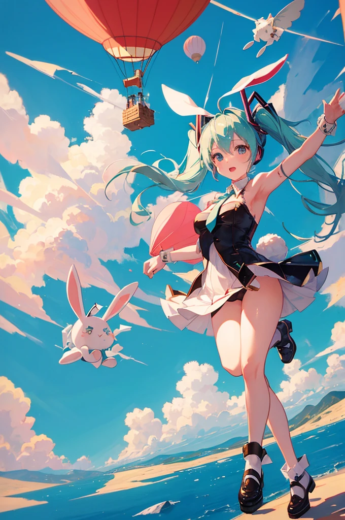a bunny girl in a torn outfit flying upward on a hot air balloon heading into the sky, Hatsune Miku,