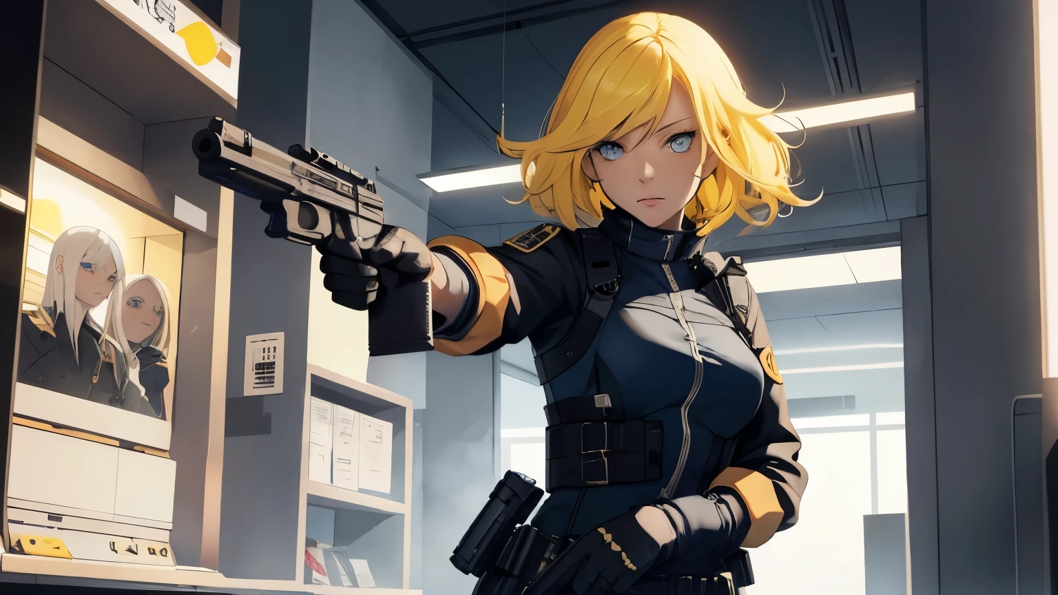 ung woman, yellow hair, blue eyes, has a gun, robs a bank, focus on the woman, gets revenge, gets revenge on the gun