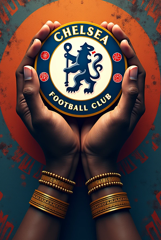 create a picture showing strong samoan hands wearing samoa chieftain beads holding up the chelsea football club's badge with an aztec background and CFC_Kulture written beneath