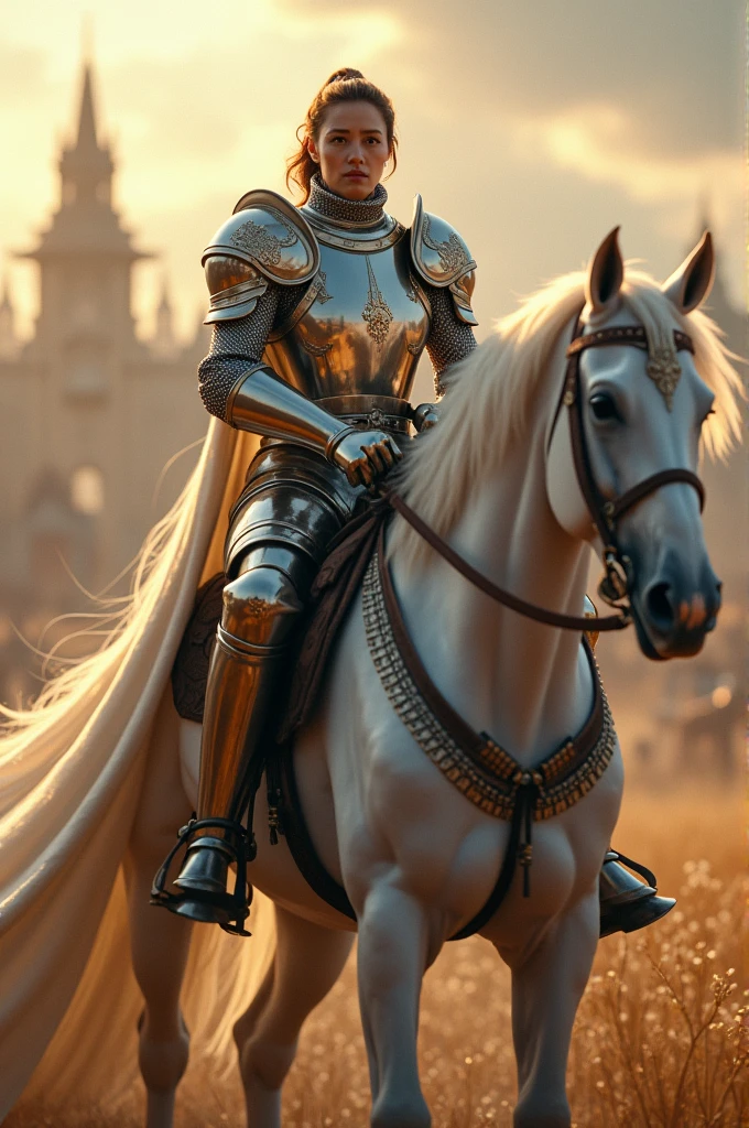 A prosperous kingdom with a knight riding a white horse in the spotlight, this knight is a war general, but of a gentle and courageous aspect 