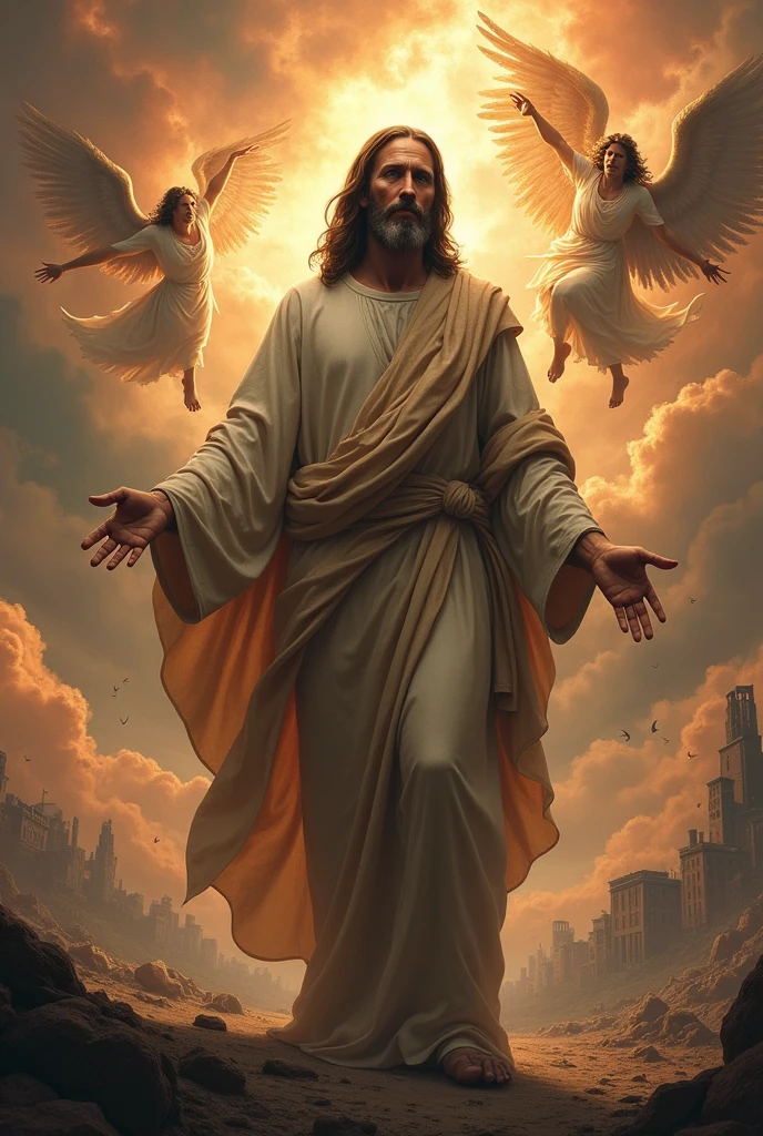 realistic jesus with apocalyptic background, demons and angels fighting in the heavens.