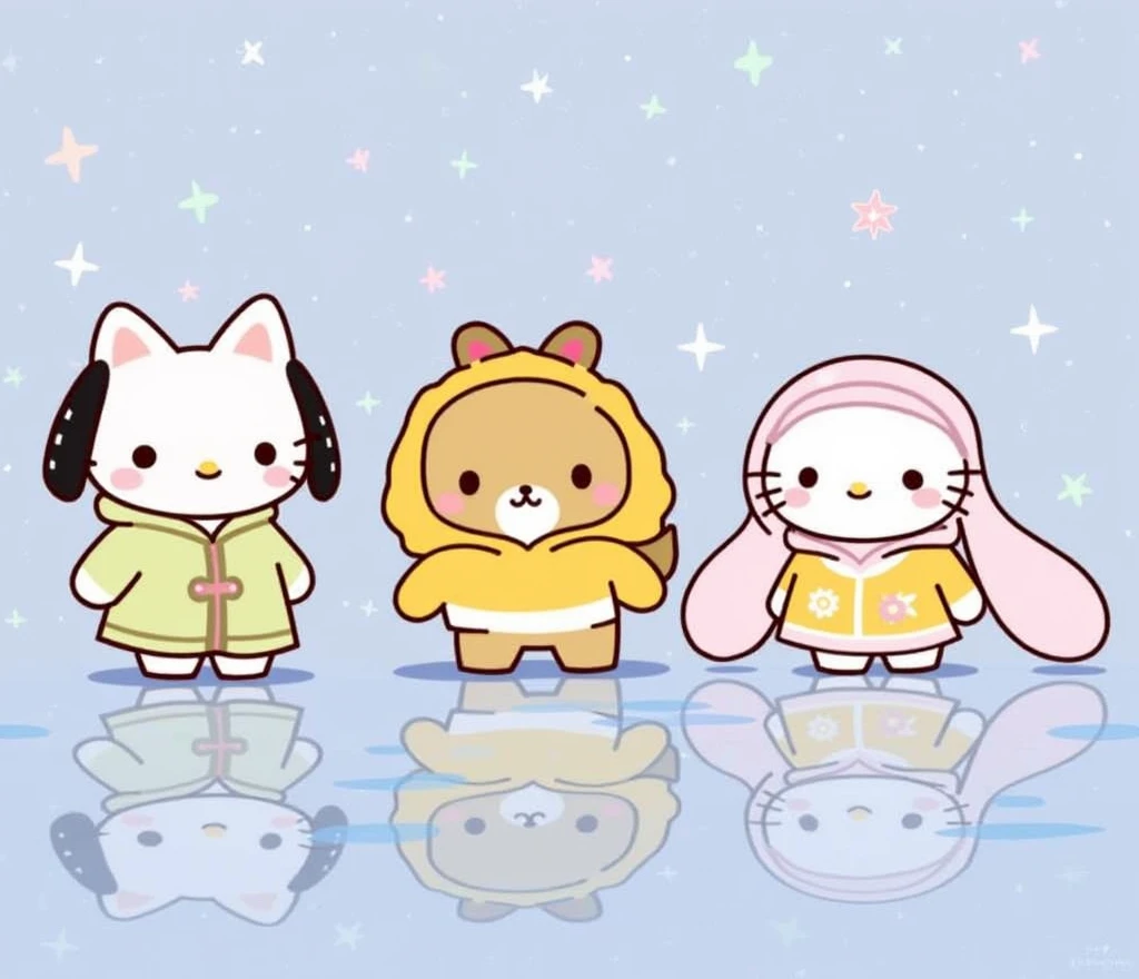 Create a blue background with little stars, and put hello kitty, Cinnamon roll and pochacco, with rain clothes reflecting in a puddle