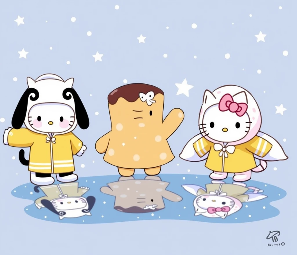 Create a blue background with little stars, and put hello kitty, Cinnamon roll and pochacco, with rain clothes reflecting in a puddle