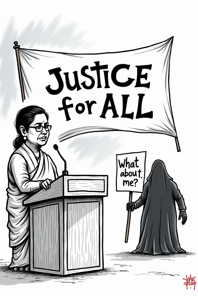 Draw a black and white cartoon of the actual Mamata Banerjee standing at a podium giving a speech, behind her a large banner that reads "Justice for All." However, in the background, there's a shadowy figure representing the Kolkata rape case, which is being ignored or sidelined by her, holding a sign that says “What about me?” This contrasts the official rhetoric with the reality of justice delayed or denied. The cartoon could aim to highlight the disparity between words and actions, calling attention to the urgency of addressing sexual violence