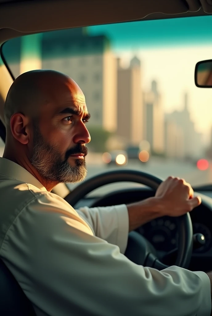 Bald without head cover and beard arabic man driving car
