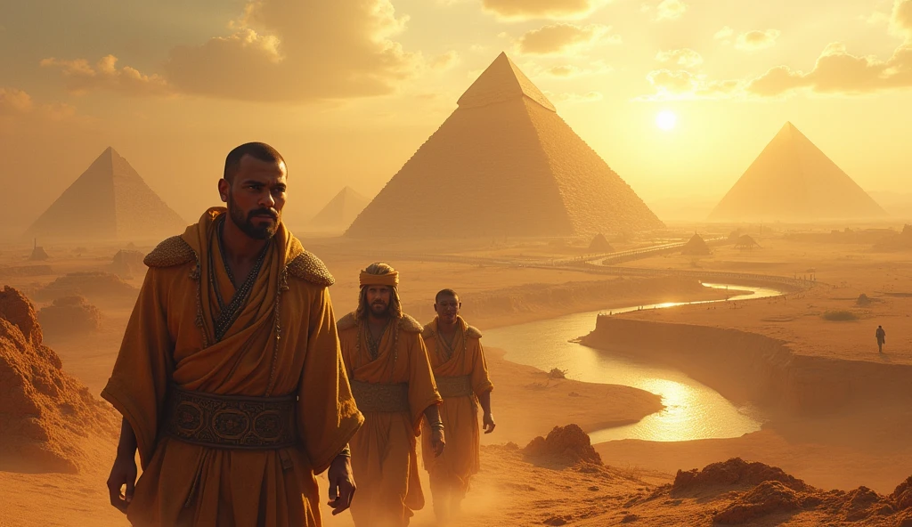 A panoramic view of ancient Egypt, with pyramids in the background and a Nile river. José is seen being led away by guards, with an expression of determination and hope. Warm, golden colors dominate the scene.