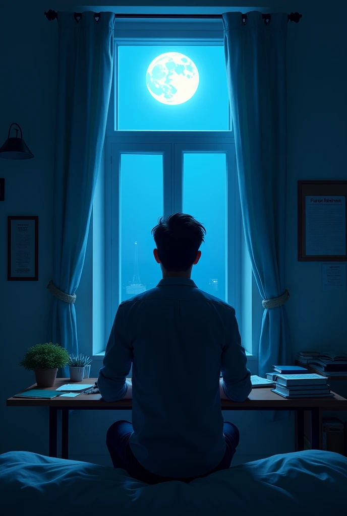 Bedroom, window light come from blue moon in room table with lot of books and notes notice board in the wall behind the table return no destruction only focus and adult man back side full shadow body shadow name written faizur Rahman in notice board