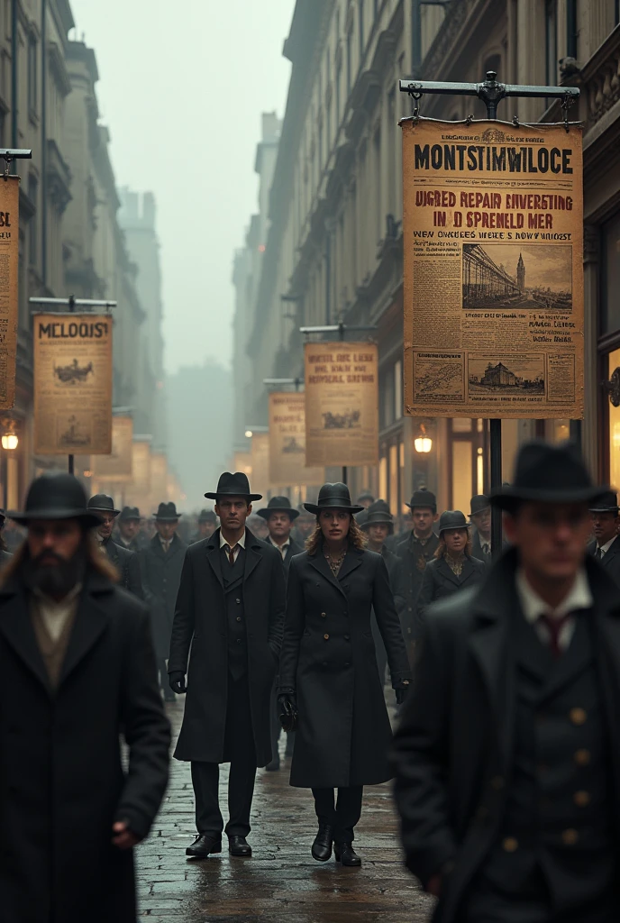 1912 London; Scared people walking around the city(masterpiece, best quality); newspapers with war news((("war news on the way")))!