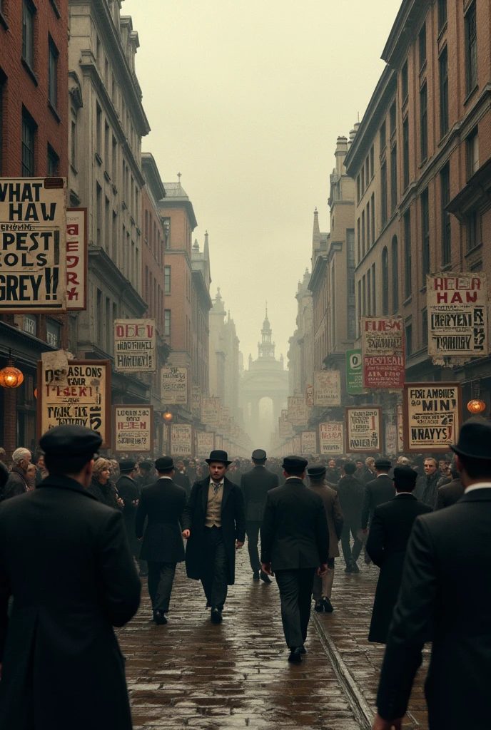 1912 London; Scared people walking around the city(masterpiece, best quality); newspapers with war news((("war news on the way")))!