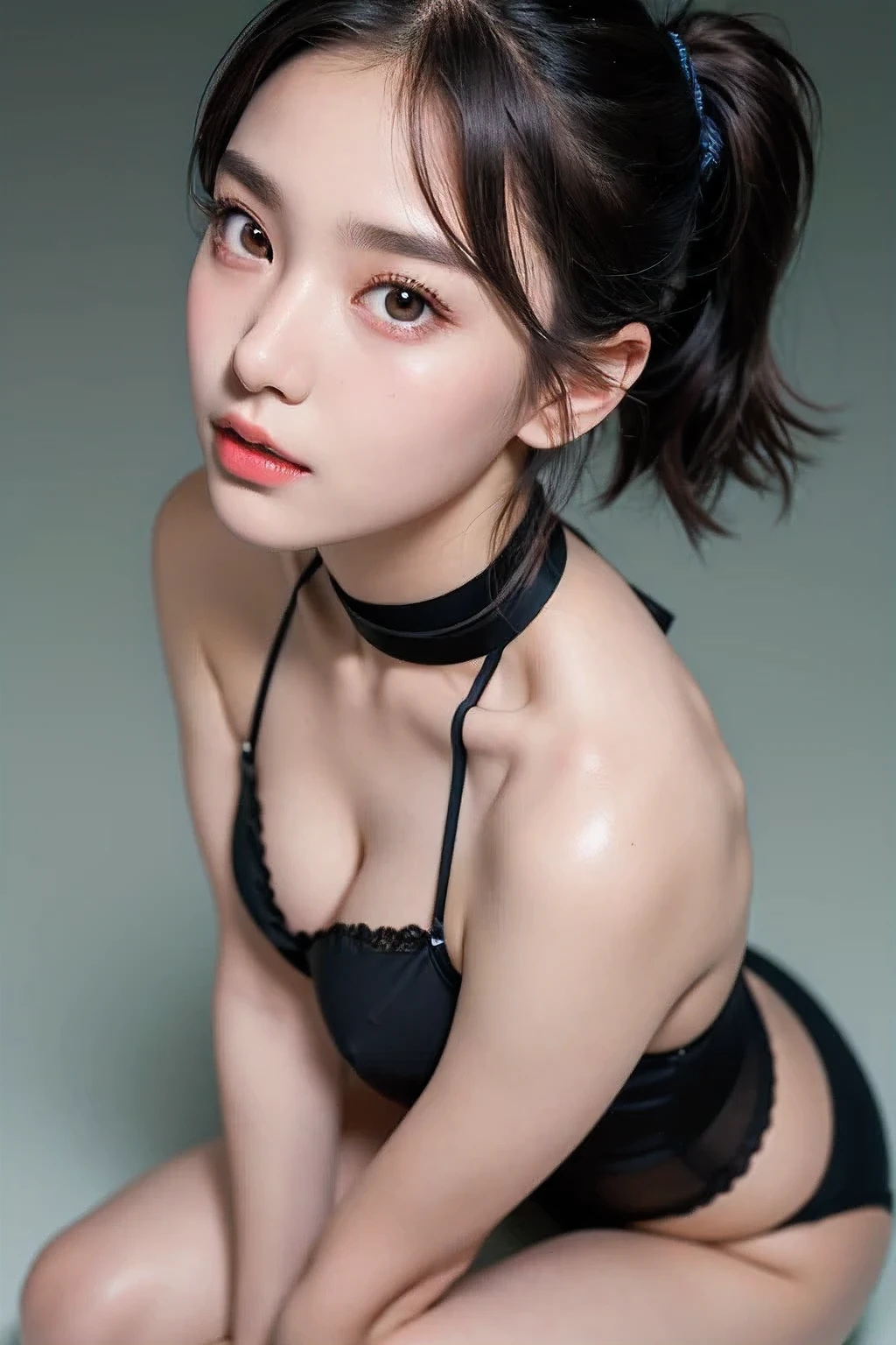 best quality, ultra high res, (photorealistic:1.4), portraint,face to face,pov, 1girl, perfect eyes, woman underwear lance, black choker, twintails, short hair, (huge breasts:1.2, close up face, korean idol, kneeling, (from above)