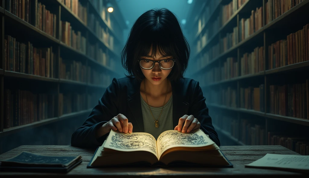 Dim, ambient lighting with shadowy corners, university library bookshelves filled with books, an Asian short black hair woman wearing glasses sitting behind a desk, The woman holding a strange and old-looking book with unsettling illustrations, late evening, twilight sun